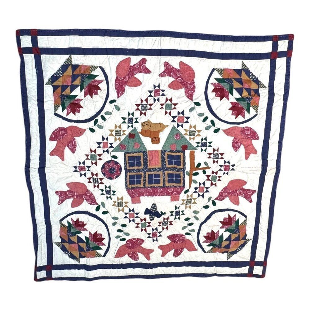 Handmade Quilt Country Birds Golden Retrievers House Design & Dog 54" x 53.5"